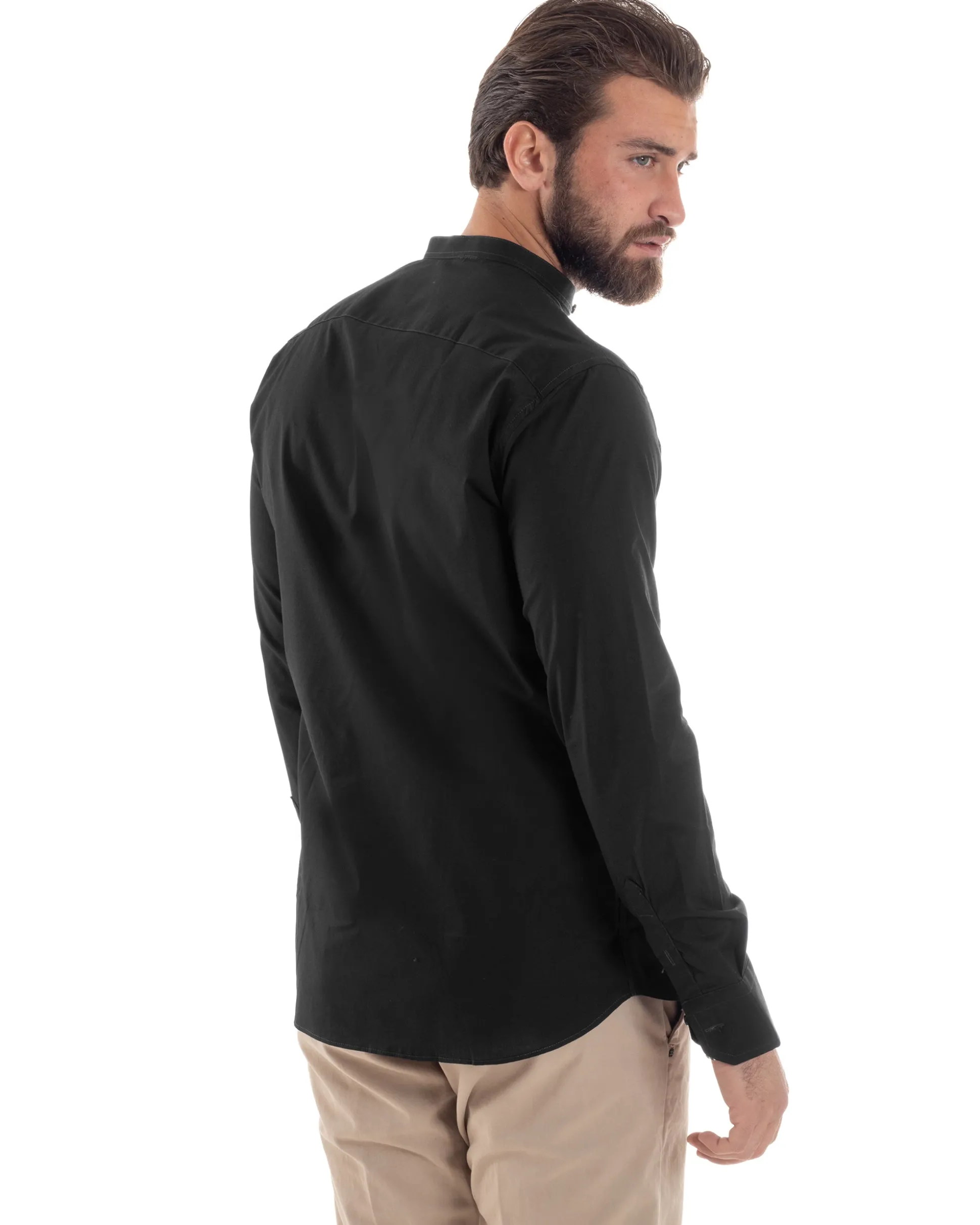 Camicia Uomo Collo Coreano Cotone Basic Sartoriale Slim Fit Nero C2931A