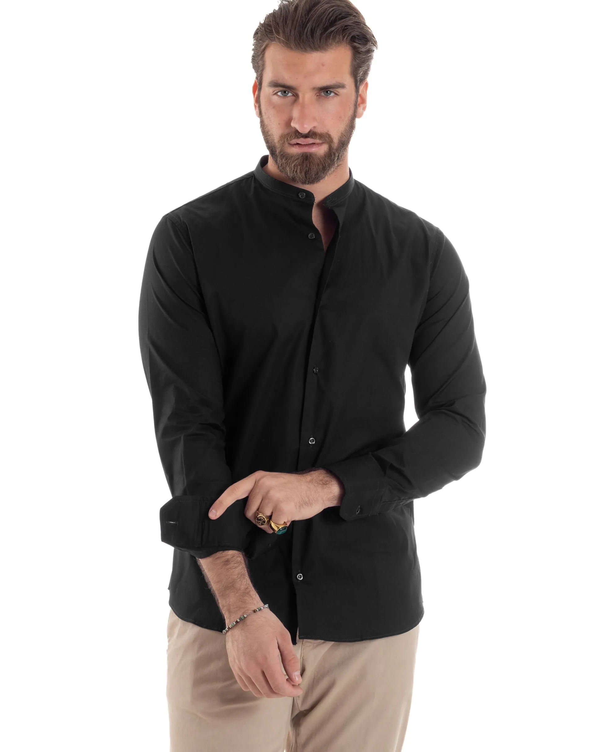 Camicia Uomo Collo Coreano Cotone Basic Sartoriale Slim Fit Nero C2931A