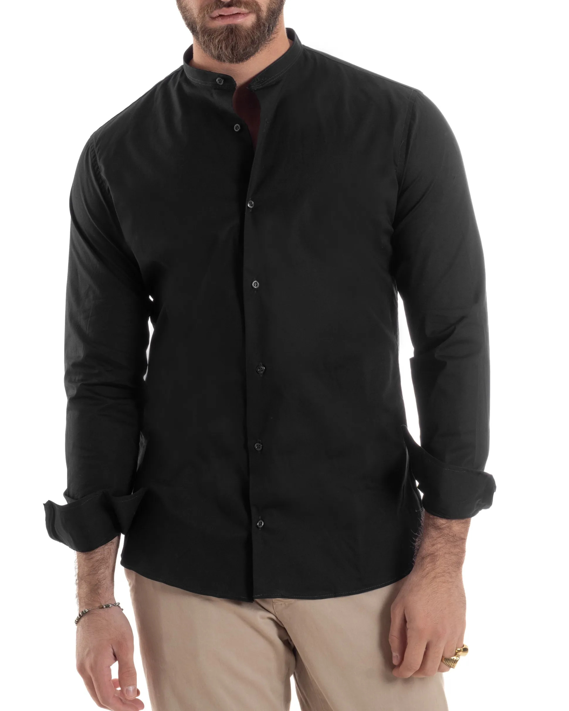 Camicia Uomo Collo Coreano Cotone Basic Sartoriale Slim Fit Nero C2931A