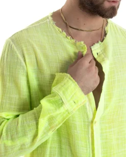 Camicia Uomo Collo Coreano Cotone Lino Sfrangiata Morbida Giallo Fluo GIOSAL-C2960A