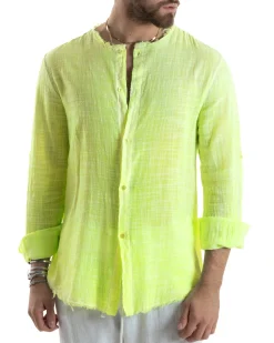 Camicia Uomo Collo Coreano Cotone Lino Sfrangiata Morbida Giallo Fluo GIOSAL-C2960A