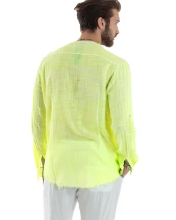 Camicia Uomo Collo Coreano Cotone Lino Sfrangiata Morbida Giallo Fluo GIOSAL-C2960A