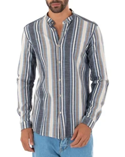 Camicia Uomo Collo Coreano Lino Rigata Sartoriale Blu GIOSAL-C2342A