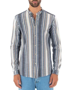 Camicia Uomo Collo Coreano Lino Rigata Sartoriale Blu GIOSAL-C2342A