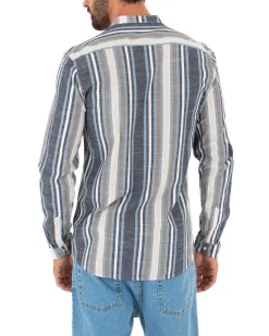 Camicia Uomo Collo Coreano Lino Rigata Sartoriale Blu GIOSAL-C2342A