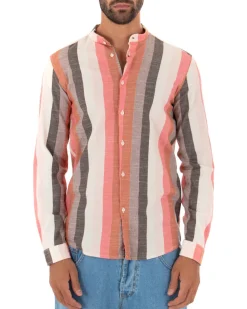 Camicia Uomo Collo Coreano Lino Rigata Sartoriale Corallo GIOSAL-C2343A
