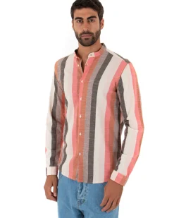 Camicia Uomo Collo Coreano Lino Rigata Sartoriale Corallo GIOSAL-C2343A