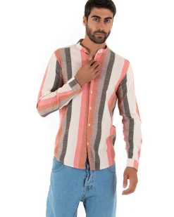 Camicia Uomo Collo Coreano Lino Rigata Sartoriale Corallo GIOSAL-C2343A