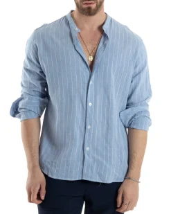 Camicia Uomo Collo Coreano Manica Lunga Lino Cotone Rigata Celeste GIOSAL-C2830A