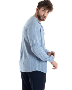 Camicia Uomo Collo Coreano Manica Lunga Lino Cotone Rigata Celeste GIOSAL-C2830A