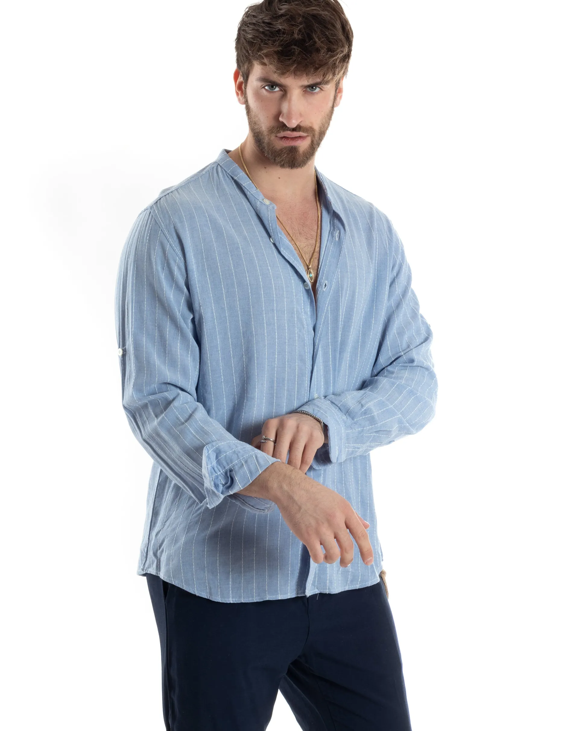 Camicia Uomo Collo Coreano Manica Lunga Lino Cotone Rigata Celeste GIOSAL-C2830A