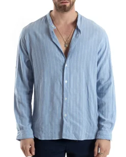 Camicia Uomo Collo Coreano Manica Lunga Lino Cotone Rigata Celeste GIOSAL-C2830A