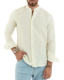 Camicia Uomo Collo Coreano Maniche Lunghe Lino Cotone Regular Fit Rigata Verde GIOSAL-C2754A