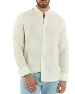 Camicia Uomo Collo Coreano Maniche Lunghe Lino Cotone Regular Fit Rigata Verde GIOSAL-C2754A