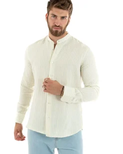 Camicia Uomo Collo Coreano Maniche Lunghe Lino Cotone Regular Fit Rigata Verde GIOSAL-C2754A