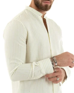 Camicia Uomo Collo Coreano Maniche Lunghe Lino Cotone Regular Fit Rigata Verde GIOSAL-C2754A