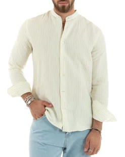 Camicia Uomo Collo Coreano Maniche Lunghe Lino Cotone Regular Fit Rigata Verde GIOSAL-C2754A