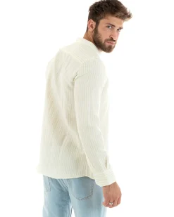 Camicia Uomo Collo Coreano Maniche Lunghe Lino Cotone Regular Fit Rigata Verde GIOSAL-C2754A