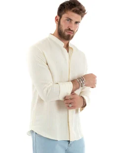 Camicia Uomo Collo Coreano Manica Lunga Lino Cotone Regular Fit Rigata Giallo GIOSAL-C2753A