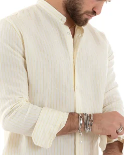 Camicia Uomo Collo Coreano Manica Lunga Lino Cotone Regular Fit Rigata Giallo GIOSAL-C2753A