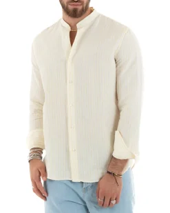 Camicia Uomo Collo Coreano Manica Lunga Lino Cotone Regular Fit Rigata Giallo GIOSAL-C2753A