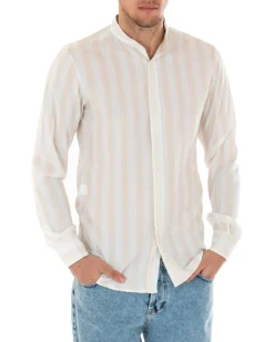 Camicia Uomo Collo Coreano Manica Lunga Viscosa Fantasia a Righe Beige GIOSAL-C1919A