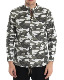 Camicia Uomo Collo Coreano Manica Lunga Cotone Fantasia Militare GIOSAL-C2442A