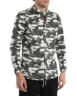 Camicia Uomo Collo Coreano Manica Lunga Cotone Fantasia Militare GIOSAL-C2442A