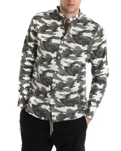 Camicia Uomo Collo Coreano Manica Lunga Cotone Fantasia Militare GIOSAL-C2442A