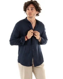 Camicia Uomo Collo Coreano Slim Fit Lino Tinta Unita Maniche Lunghe Blu GIOSAL-C2883A