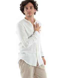 Camicia Uomo Collo Coreano Slim Fit Lino Tinta Unita Maniche Lunghe Bianco GIOSAL-C2885A