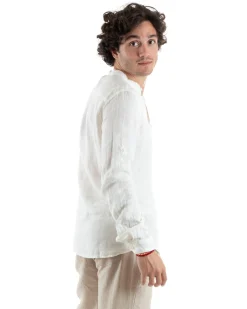 Camicia Uomo Collo Coreano Slim Fit Lino Tinta Unita Maniche Lunghe Bianco GIOSAL-C2885A