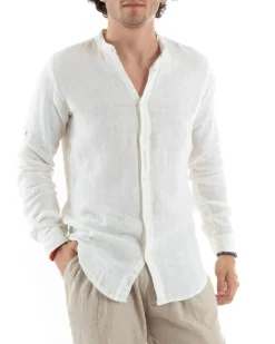 Camicia Uomo Collo Coreano Slim Fit Lino Tinta Unita Maniche Lunghe Bianco GIOSAL-C2885A