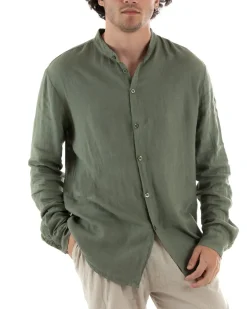 Camicia Uomo Collo Coreano Slim Fit Lino Tinta Unita Maniche Lunghe Verde GIOSAL-C2886A