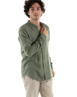 Camicia Uomo Collo Coreano Slim Fit Lino Tinta Unita Maniche Lunghe Verde GIOSAL-C2886A
