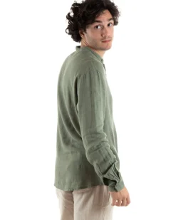Camicia Uomo Collo Coreano Slim Fit Lino Tinta Unita Maniche Lunghe Verde GIOSAL-C2886A
