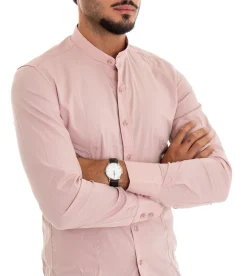 Camicia Uomo Collo Coreano Slim Fit Basic Casual Cotone Rosa C1817A