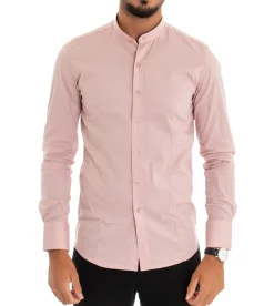 Camicia Uomo Collo Coreano Slim Fit Basic Casual Cotone Rosa C1817A