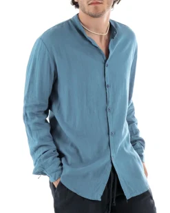 Camicia Uomo Collo Coreano Slim Fit Lino Tinta Unita Maniche Lunghe Avio GIOSAL-C2884A