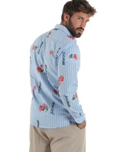 Camicia uomo collo francese cotone ricamo floreale rigata celeste BlackSunday-C3080A