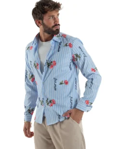 Camicia uomo collo francese cotone ricamo floreale rigata celeste BlackSunday-C3080A