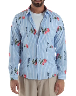 Camicia uomo collo francese cotone ricamo floreale rigata celeste BlackSunday-C3080A