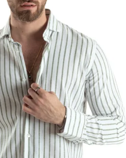 Camicia Uomo Collo Francese Lino Riga Stretta Verde C2749A