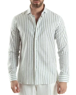 Camicia Uomo Collo Francese Lino Riga Stretta Verde C2749A