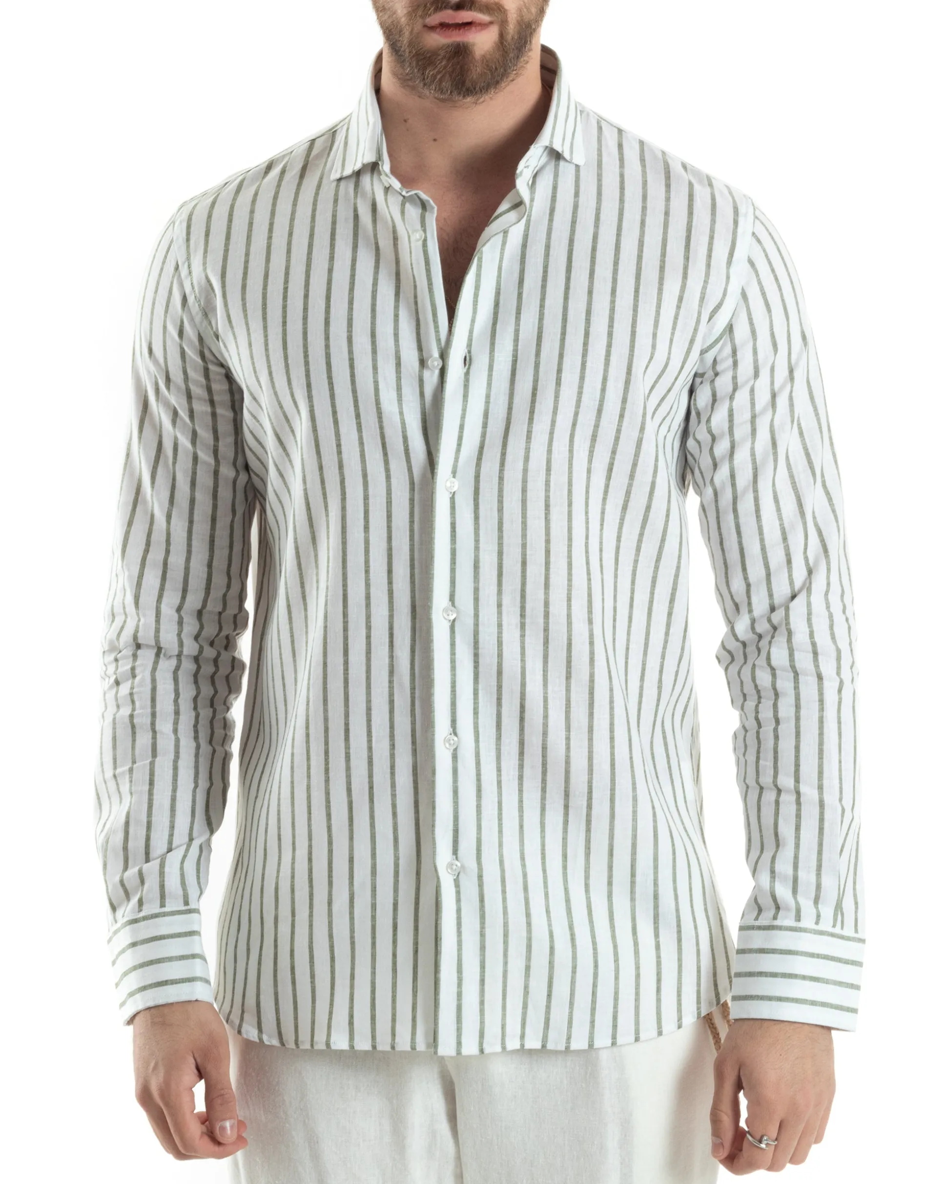 Camicia Uomo Collo Francese Lino Riga Stretta Verde C2749A