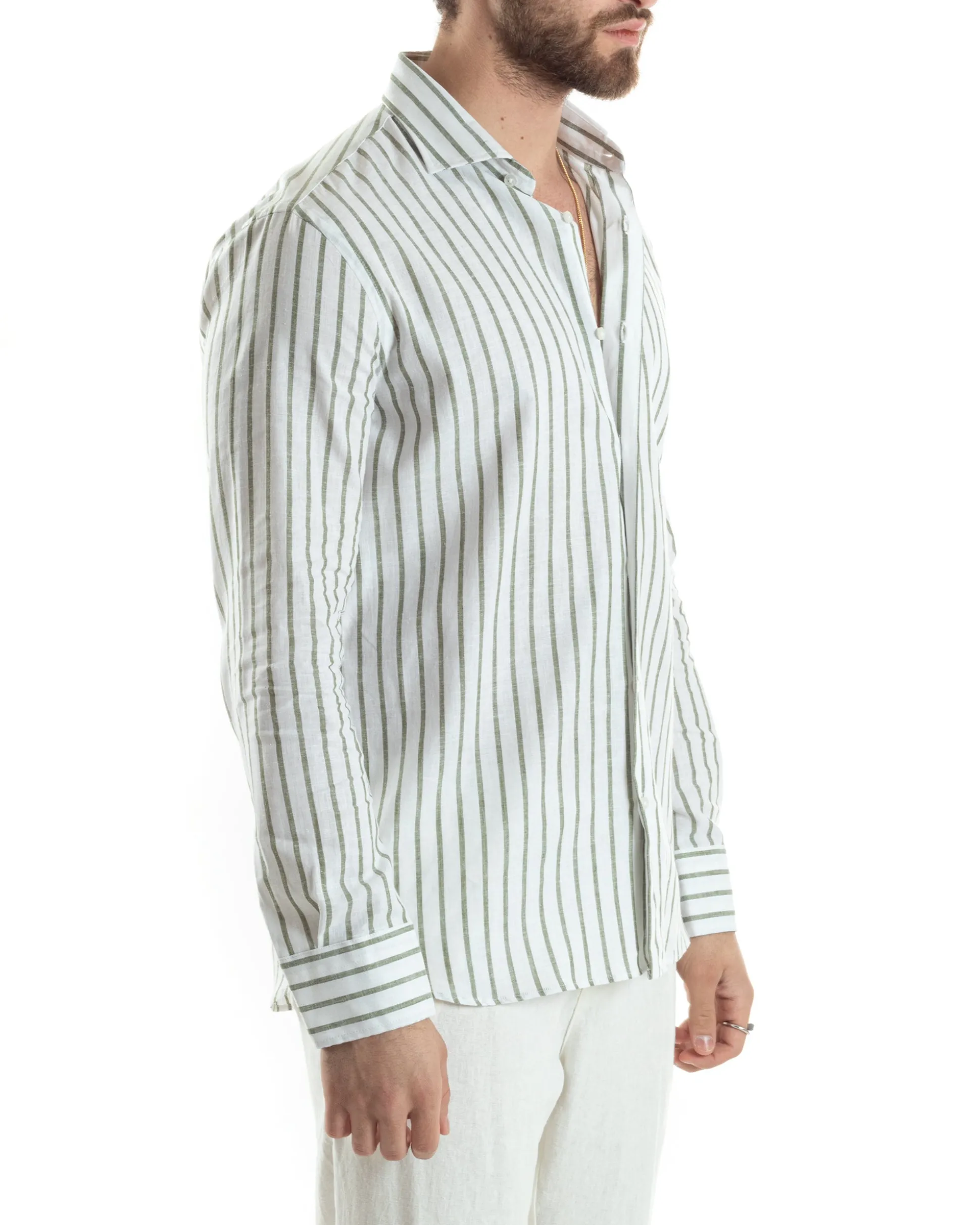 Camicia Uomo Collo Francese Lino Riga Stretta Verde C2749A