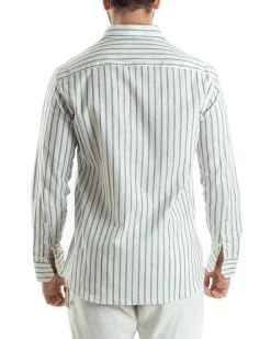 Camicia Uomo Collo Francese Lino Riga Stretta Verde C2749A