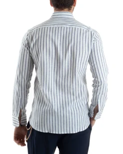 Camicia Uomo Collo Francese Lino Riga Stretta Blu C2748A