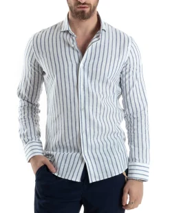 Camicia Uomo Collo Francese Lino Riga Stretta Blu C2748A