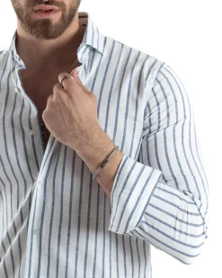 Camicia Uomo Collo Francese Lino Riga Stretta Blu C2748A